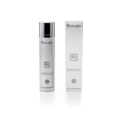 Crema facial Hyaluroderm de 50ml con envase y caja en tonos plateados y blancos.